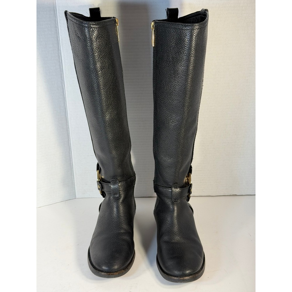 Tory Burch Kiernan Black Pebbled Leather Riding Boots Gold Logo Medallion Tall